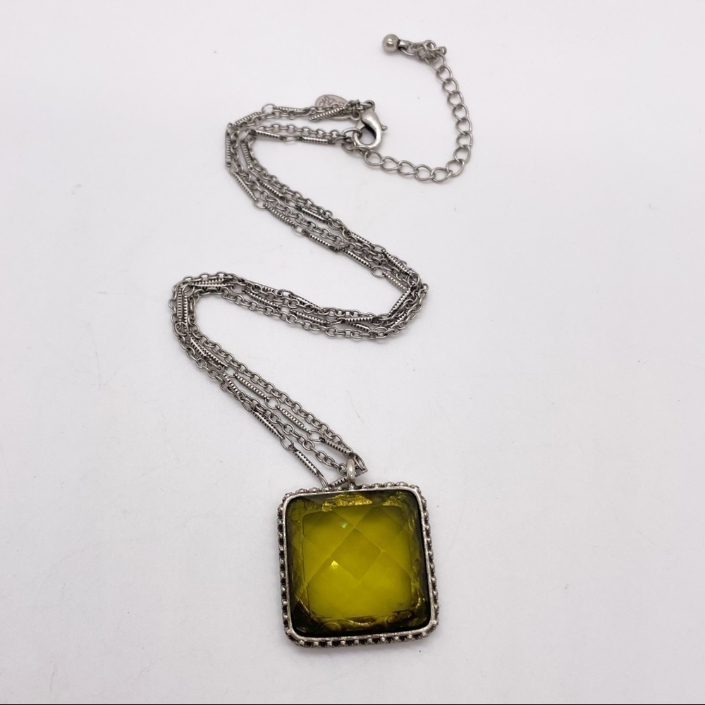Baked Beads Silver Tone Double Strand Necklace Green Rhinestone Pendant
